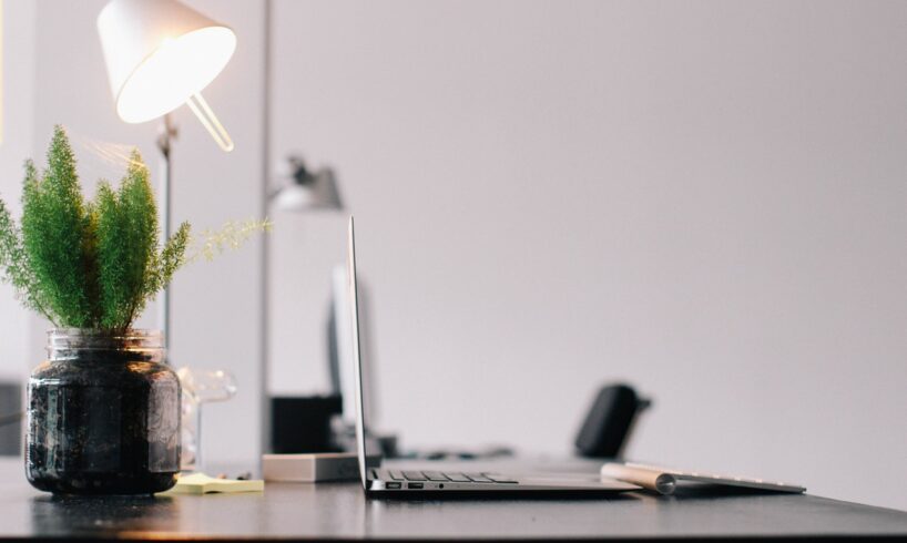 Flot skrivebord med lampe plante og computer